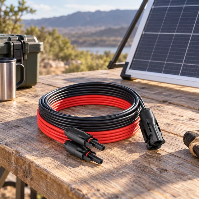 Solar Panel Extension Cables in a representative neatly coiled solar extension cable with matching connectors beside a supported solar panel at an outdoor workbench setting
