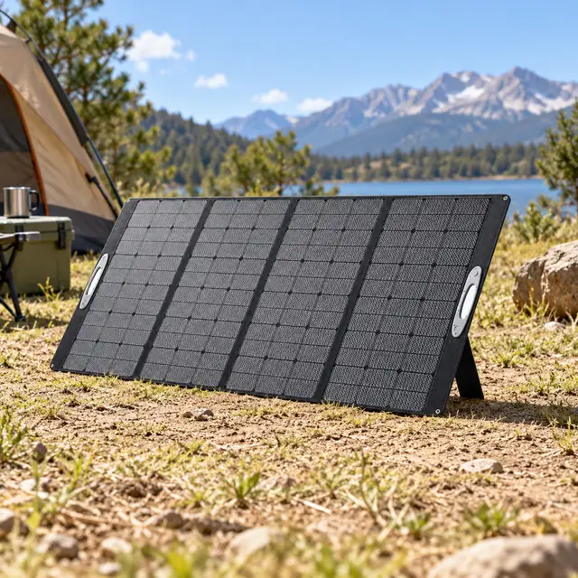 Solar Panels in a representative complete solar panel properly supported at an open sunny field camp with clear daylight setting