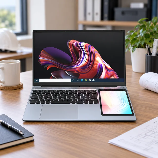 Standard Laptops in a representative an ordinary slim notebook on a sheltered engineering office desk setting