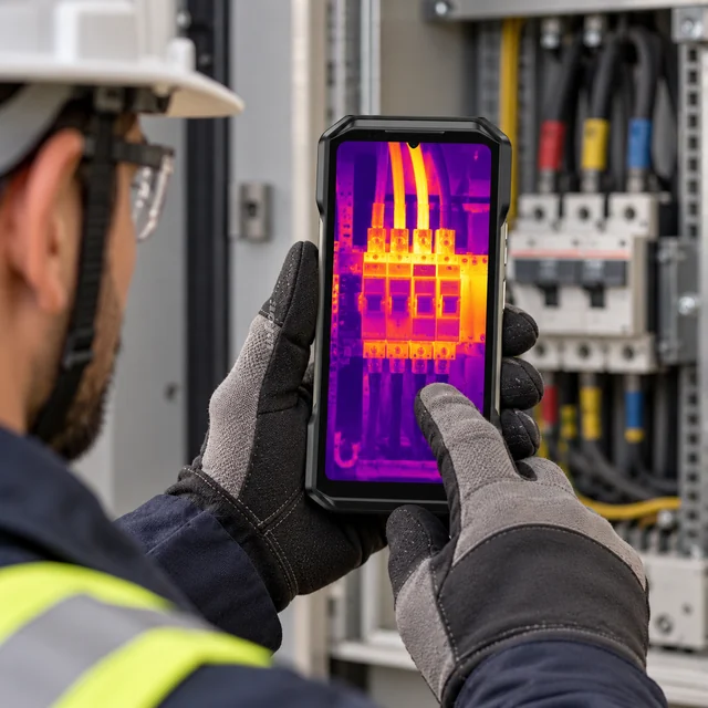 Thermal Imaging Rugged Phones in a representative technician using a thermal-capable rugged phone during a safely isolated equipment inspection setting