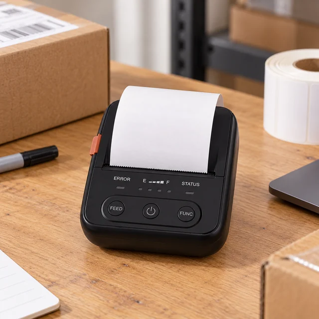 Thermal Printers in a representative thermal printer resting on a packing desk with a plain receipt or shipping label emerging normally setting