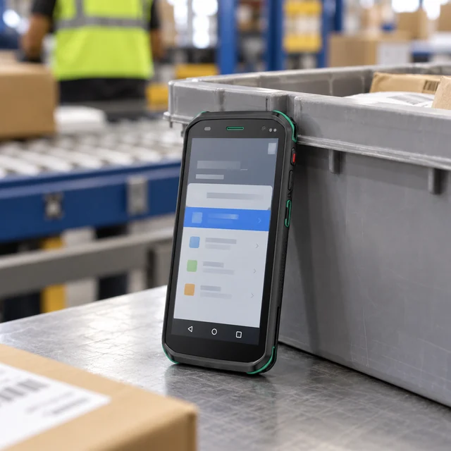 Touchscreen Mobile Computers in a representative touchscreen industrial mobile terminal beside a parcel sorting tote setting