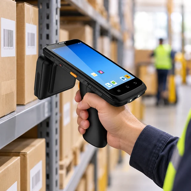 UHF RFID Handheld Readers in a representative handheld UHF RFID reader with its actual antenna form at an organized warehouse stock shelf setting