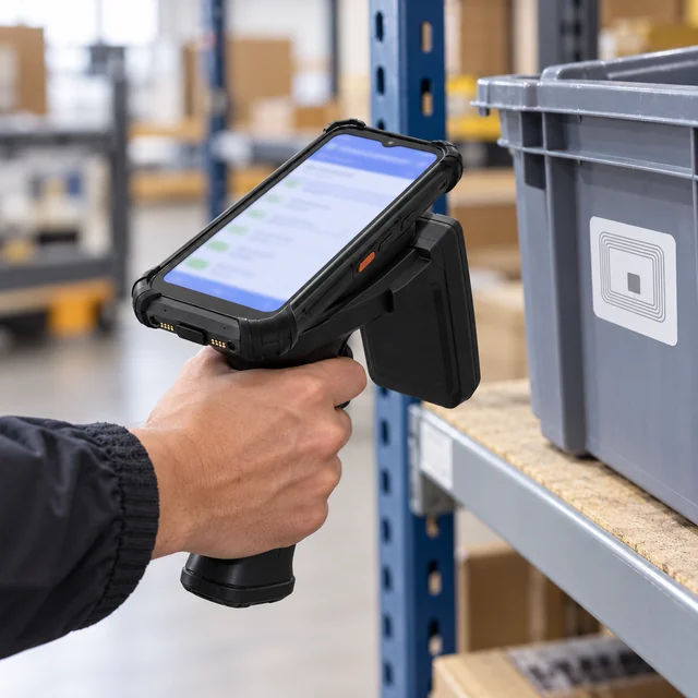 UHF RFID-Ready Mobile Computers in a representative compatible mobile computer and actual RFID attachment arrangement near a tagged storage tote setting