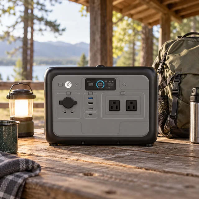 Up to 1000W Power Stations in a representative compact portable power station beside a small camping lamp and daypack at a picnic shelter setting