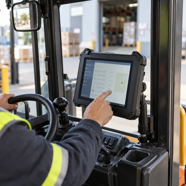Vehicle-Mounted Computers in a representative vehicle-mounted industrial computer securely fixed in a stationary logistics vehicle cab setting