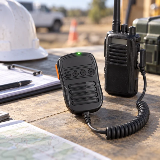Walkie Talkie Accessories in a representative compatible radio speaker microphone and cable arranged securely beside a radio at a field dispatch desk setting