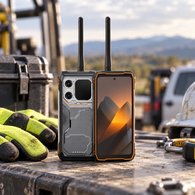 Walkie Talkies in a representative two-way radio upright on a field operations table beside a high-visibility work glove setting