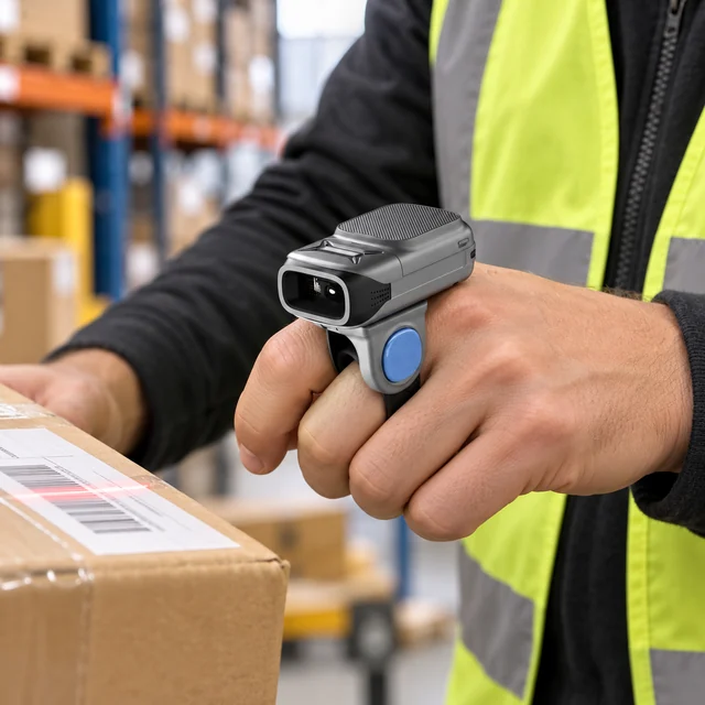 Wearable Barcode Scanners in a representative warehouse worker wearing a compact scanner properly mounted on the hand while checking a carton setting