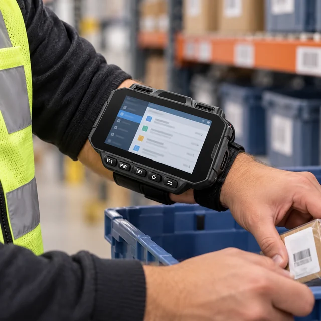 Wearable Computers in a representative supported wrist computer correctly strapped to a warehouse worker forearm while checking a storage tote setting