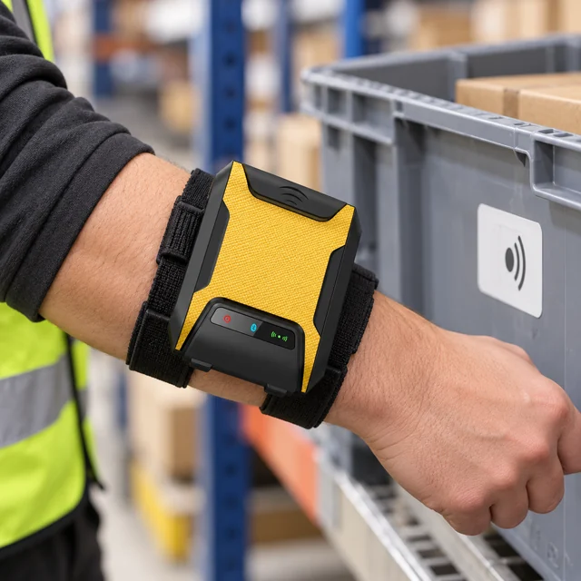 Wearable RFID Readers in a representative compact wearable RFID reader properly strapped to an operator forearm near a tagged warehouse tote setting