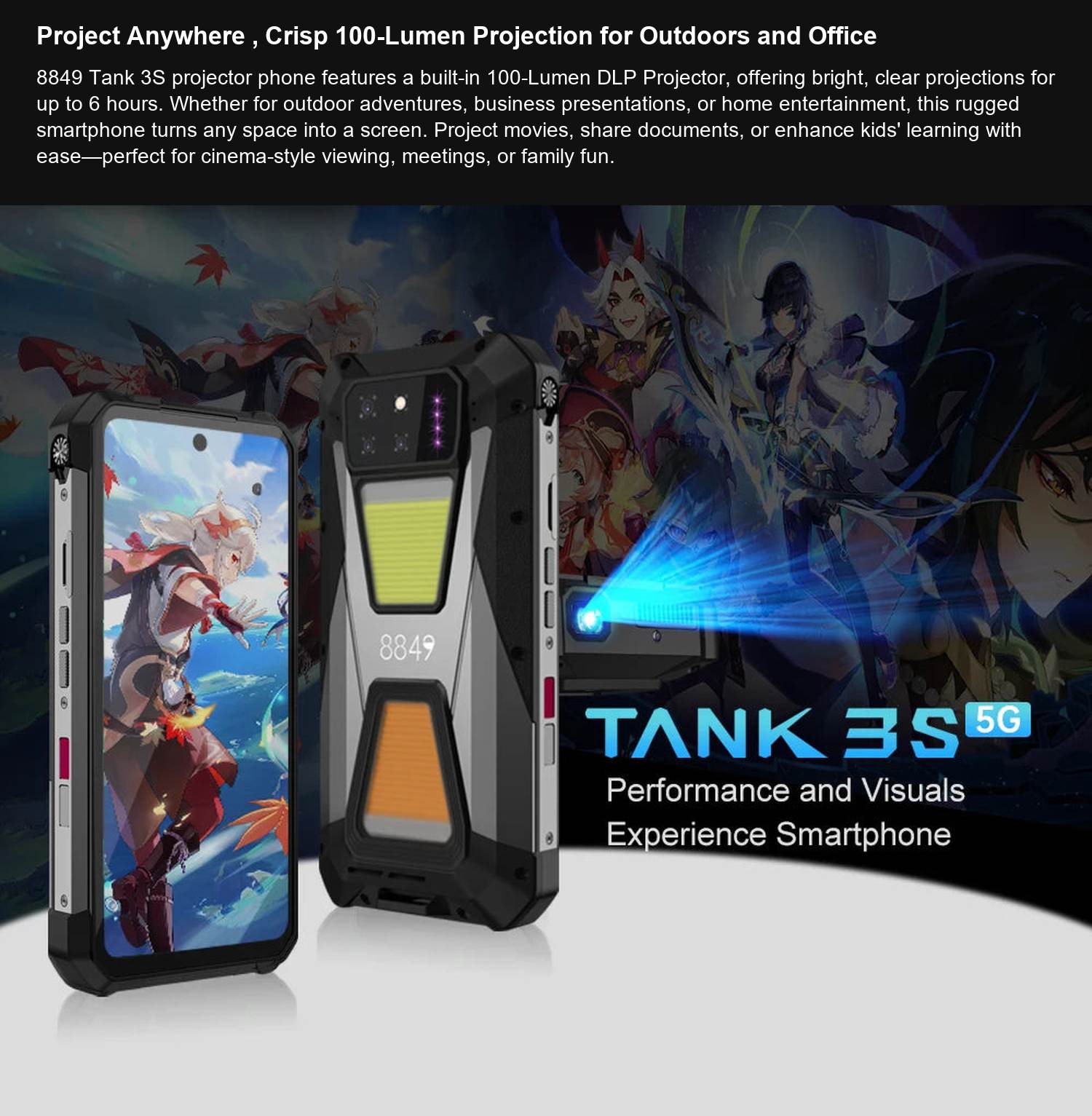 TANK 3S Project Anywhere , Crisp 100-Lumen Projection for Outdoors and Office