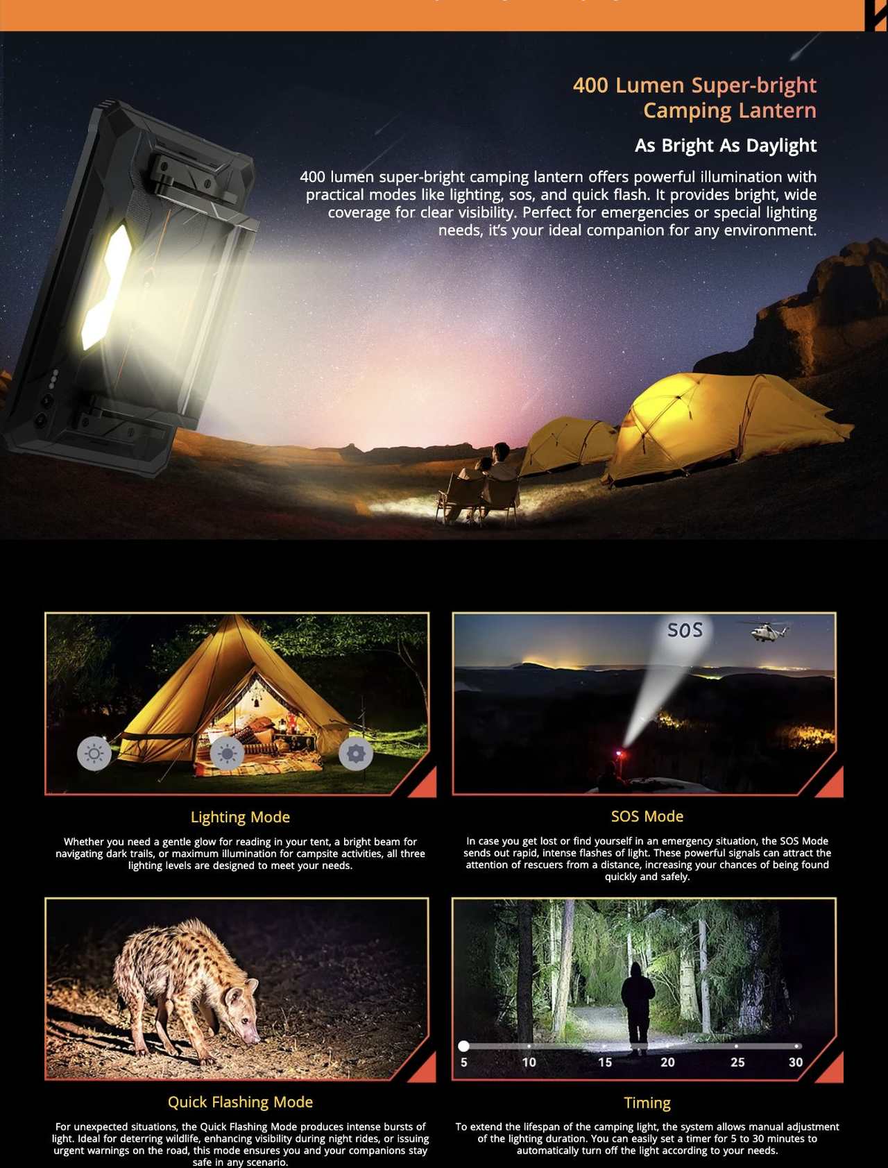 No.1 Ultra-Reliable Rugged Design with
Top-Tier Military-Grade Materials—Ready
for Any Challenge!
Fear No Darkness with Super Bright Camping Lantern