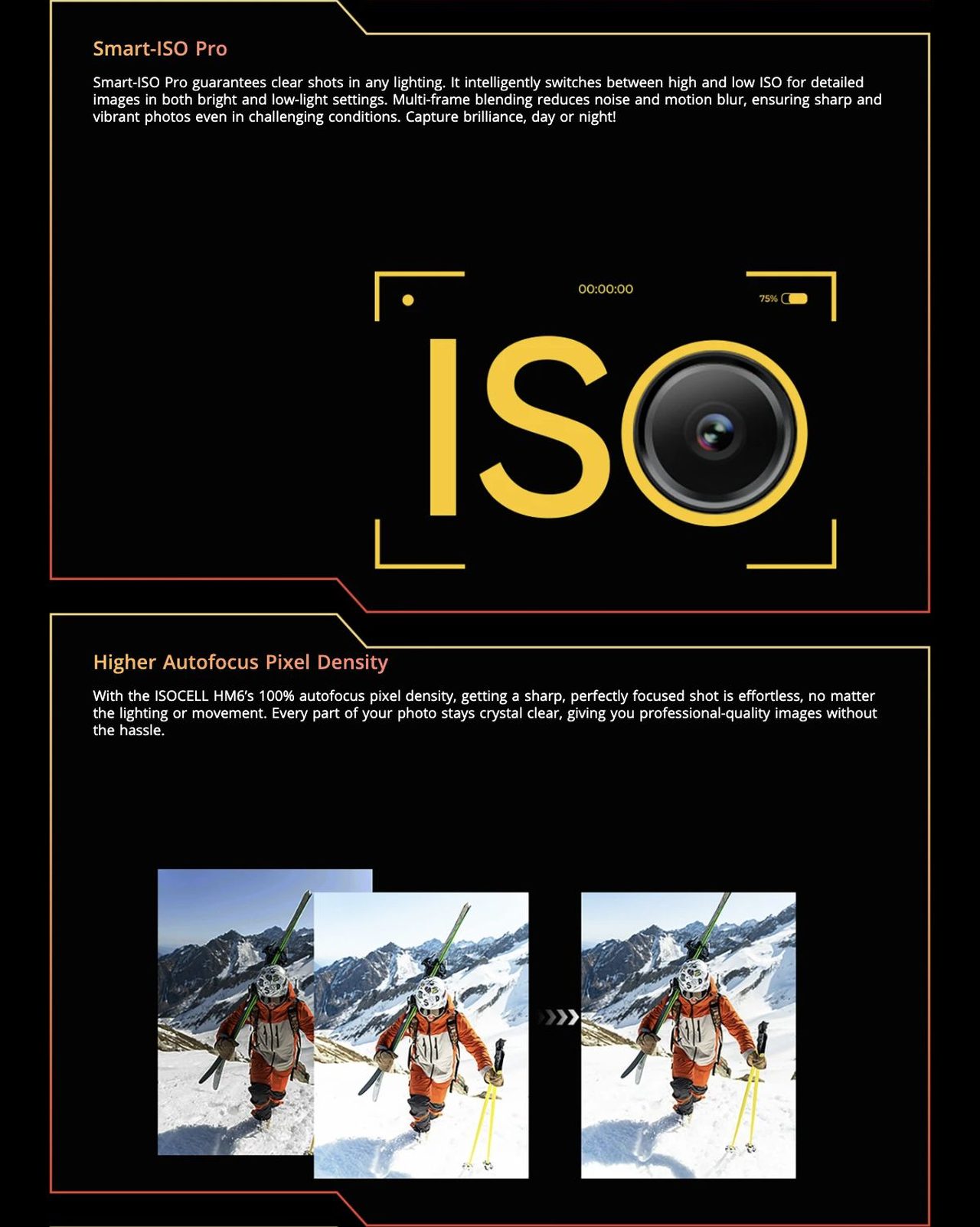 Smart-ISO Pro
Smart-ISO Pro guarantees clear shots in any lighting. It intelligently switches between high and low ISO for detailed images in both bright and low-light settings. M
