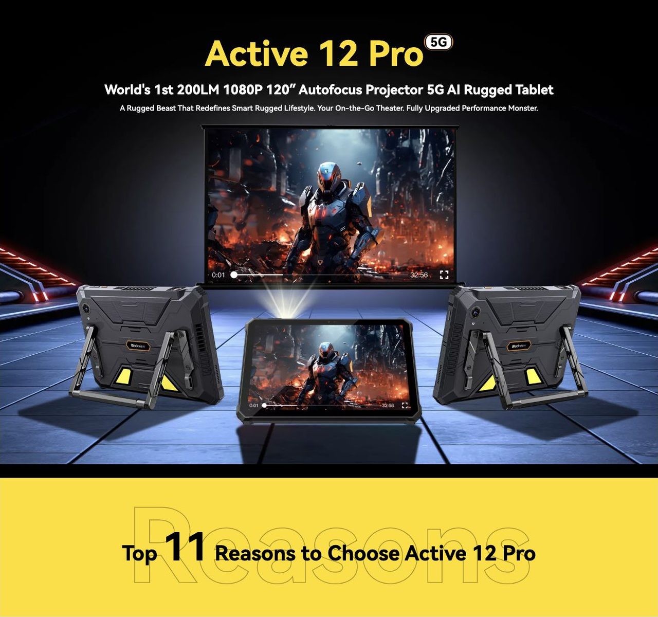 Blackview Active 12 Pro Active 12 Pro
5G
World's 1st 200LM 1080P 120″ Autofocus Projector 5G AI Rugged Tablet
A Rugged Beast That Redefines Smart Rugged Lifestyle. Your On-the-Go Theater. Fully Upgraded P