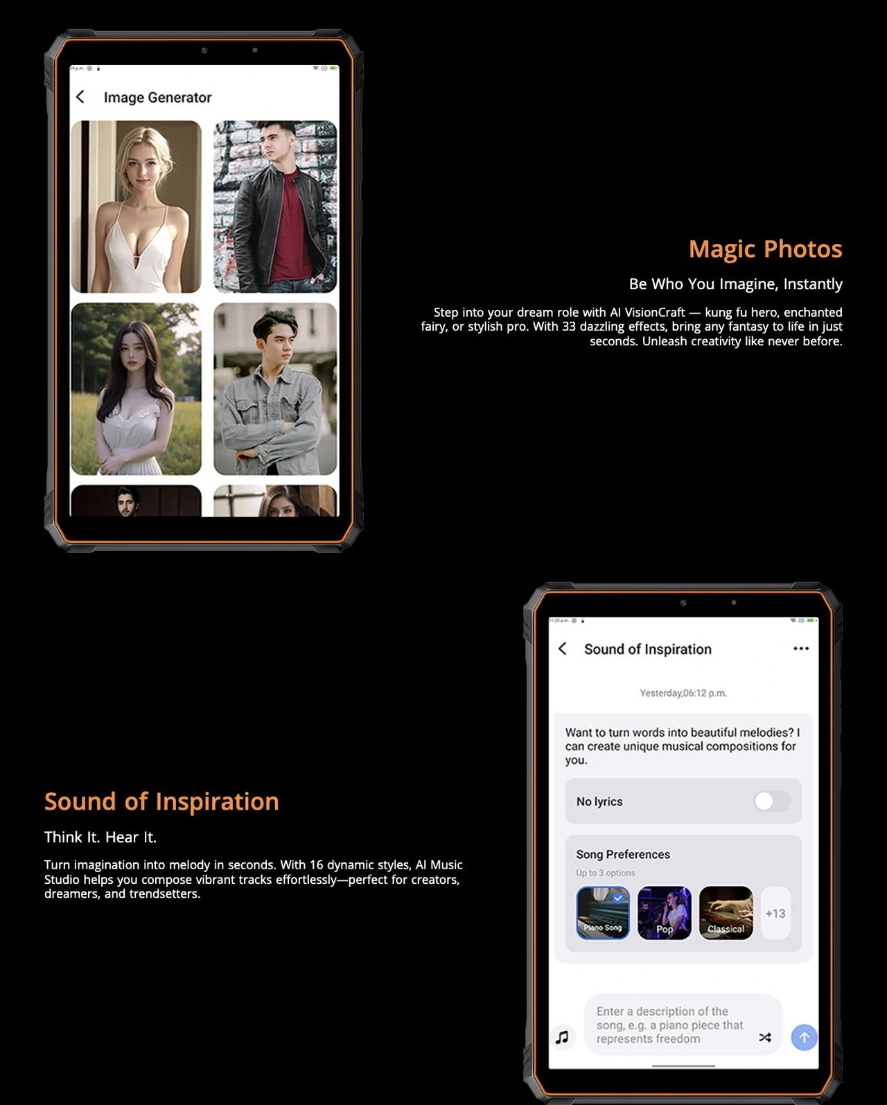 Blackview Active 5 Magic Photos
Be Who You Imagine, Instantly
Step into your dream role with AI VisionCraft — kung fu hero, enchanted fairy, or stylish pro. With 33 dazzling effects, bring any fant