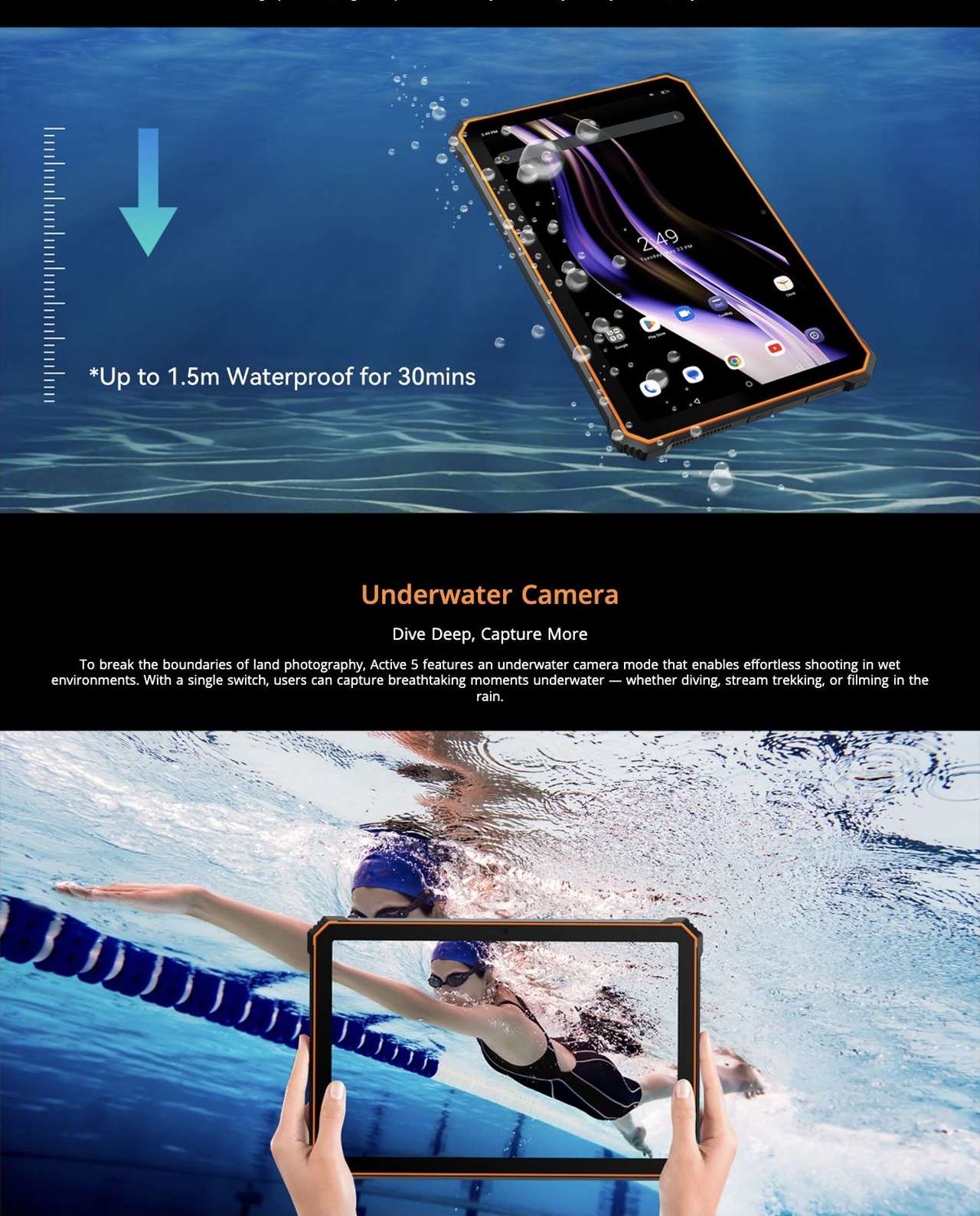 Blackview Active 5 IP68 & IP69K Water & Dust Resistance
Built to Brave It All
To conquer harsh environments, the tablet is certified with both IP68 & IP69K ratings, ensuring superior resistance to