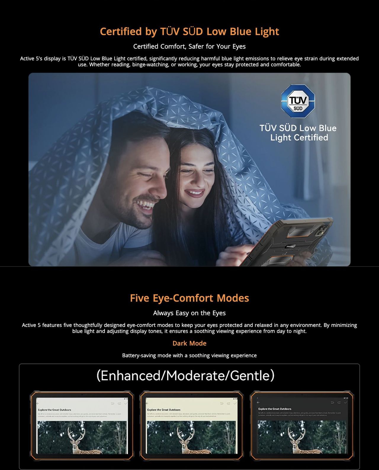 Certified by TÜV SÜD Low Blue Light
Certified Comfort, Safer for Your Eyes
Active 5's display is TÜV SÜD Low Blue Light certified, significantly reducing harmful blue light emiss