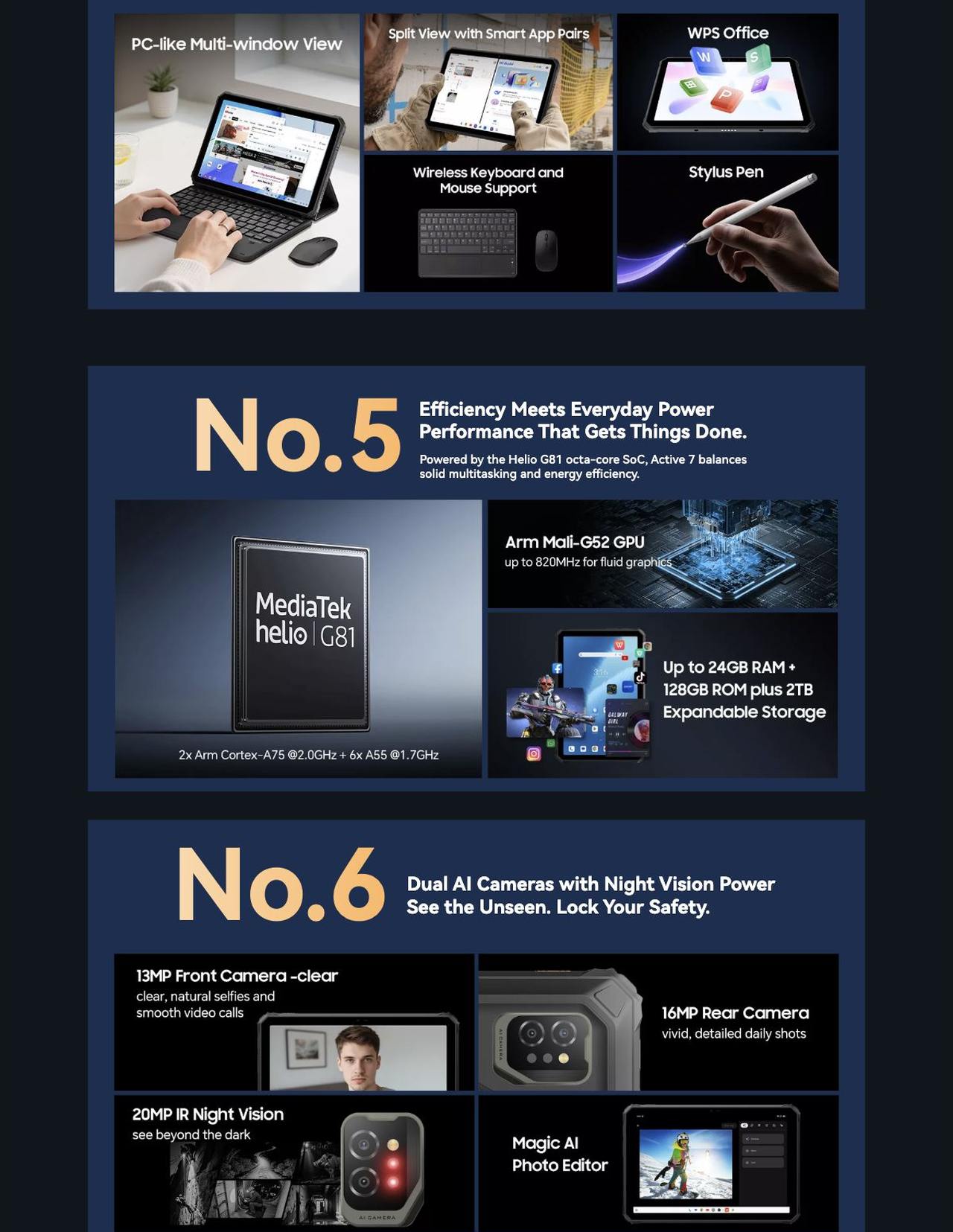 Blackview Active 7 Active 7
Global 1st 4G AI Rugged Tablet with
Night Vision & Camping Light
Break the Dark. Blaze a Safer Trail.
Top 8 Reasons To Love Active 7
No.1
Built Rugged for Every Mission
Su