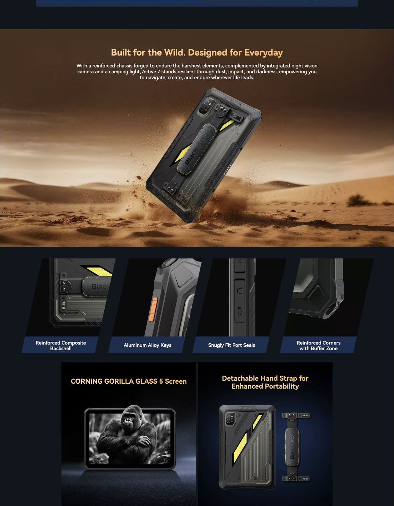 Blackview Active 7 Active 7
Global 1st 4G AI Rugged Tablet with
Night Vision & Camping Light
Break the Dark. Blaze a Safer Trail.
Top 8 Reasons To Love Active 7
No.1
Built Rugged for Every Mission
Su