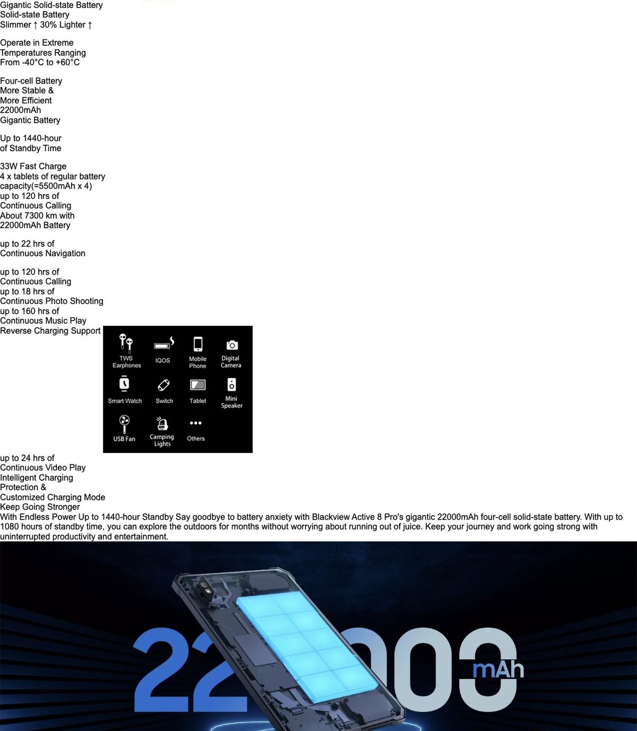 Blackview Active 8 Pro Gigantic Solid-state Battery
Solid-state Battery
Slimmer ↑ 30% Lighter ↑
Operate in Extreme
Temperatures Ranging
From -40°C to +60°C
Four-cell Battery
More Stable &
More Efficien