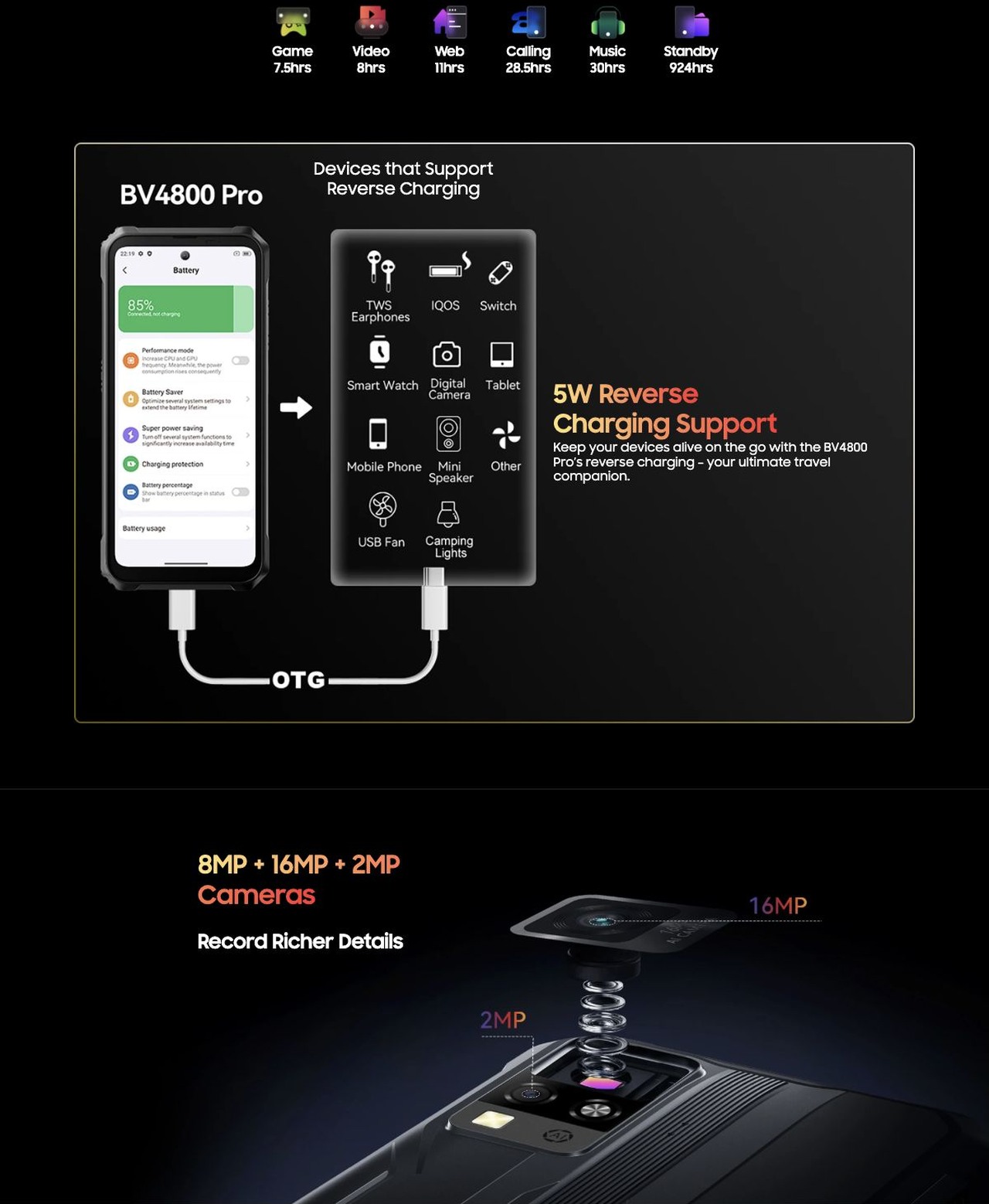 5180mAh Large Battery
Enduring at Its Core
The 5180mAh battery in the BV4800 Pro extends your joy throughout the day and beyond. The high-capacity battery reliably meets your pro