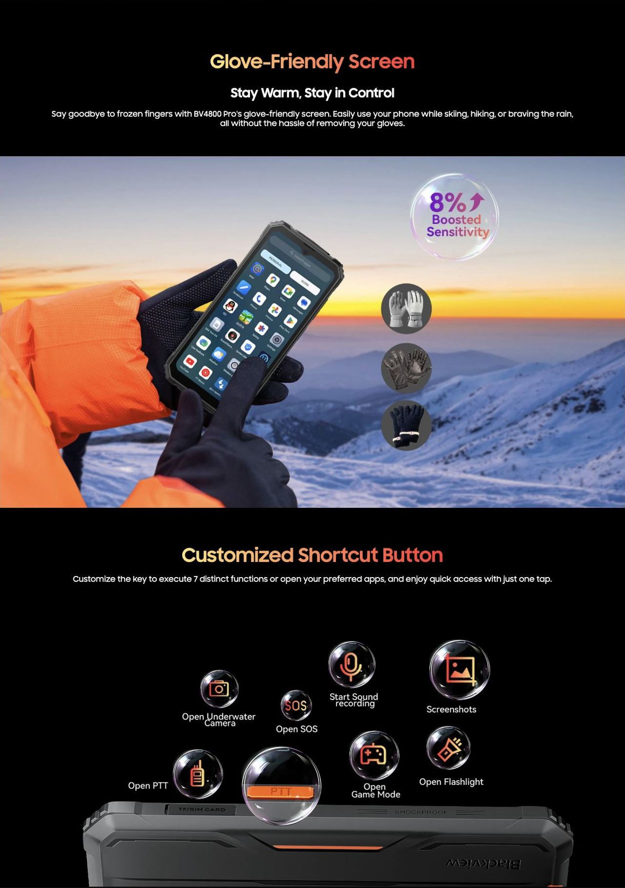 Blackview BV4800 Pro Glove-Friendly Screen
Stay Warm, Stay in Control
Say goodbye to frozen fingers with BV4800 Pro's glove-friendly screen. Easily use your phone while skiing, hiking, or braving the