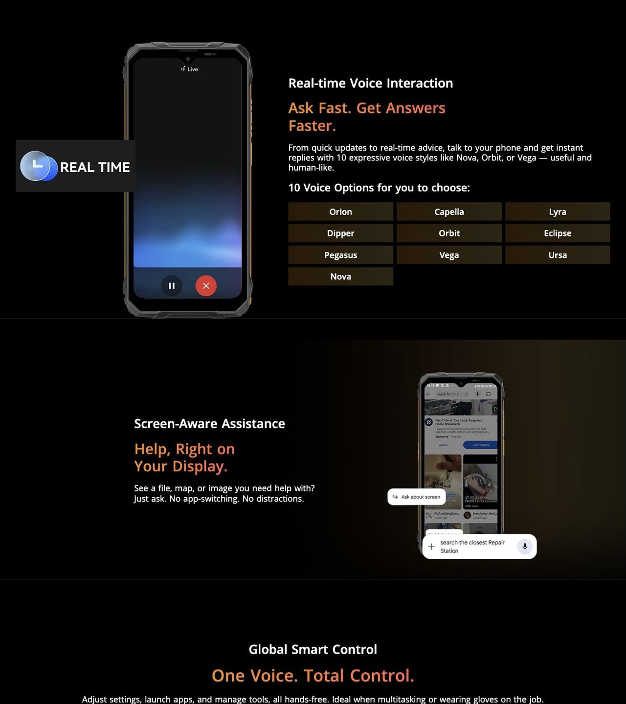 Blackview FORT 1 Real-time Voice Interaction
Ask Fast. Get Answers
Faster.
From quick updates to real-time advice, talk to your phone and get instant replies with 10 expressive voice styles like