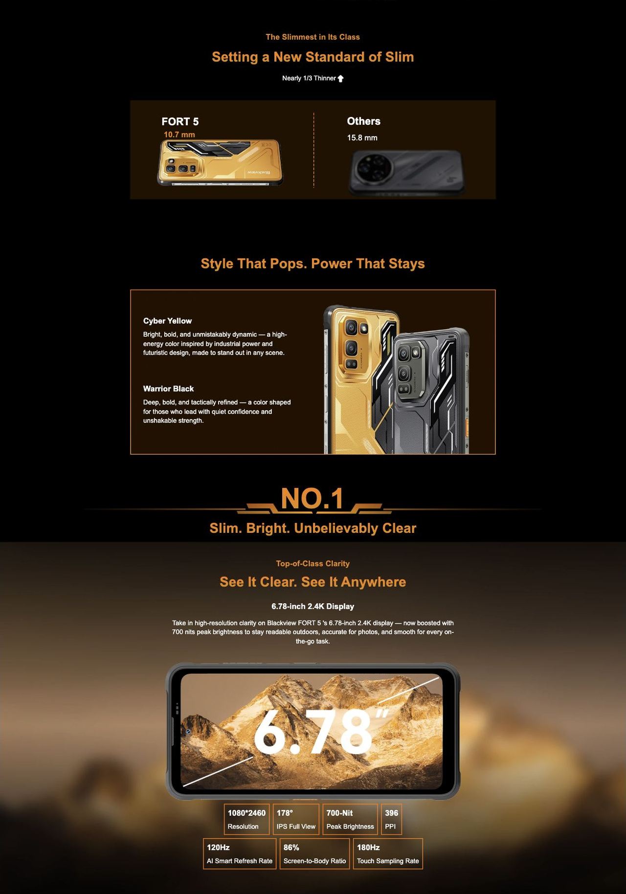 Blackview FORT 5 FORT 5
The Lightest 108MP Rugged
Imaging Flagship
Slimmer to Carry. Sharper to Capture. Stronger to Go Beyond.
The Slimmest in Its Clas
Modern Armor Aesthetics
10.7mm
Nearly 1/3 Th