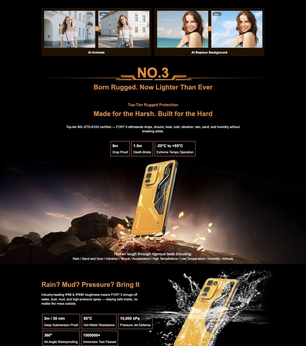 Blackview FORT 5 FORT 5
The Lightest 108MP Rugged
Imaging Flagship
Slimmer to Carry. Sharper to Capture. Stronger to Go Beyond.
The Slimmest in Its Clas
Modern Armor Aesthetics
10.7mm
Nearly 1/3 Th