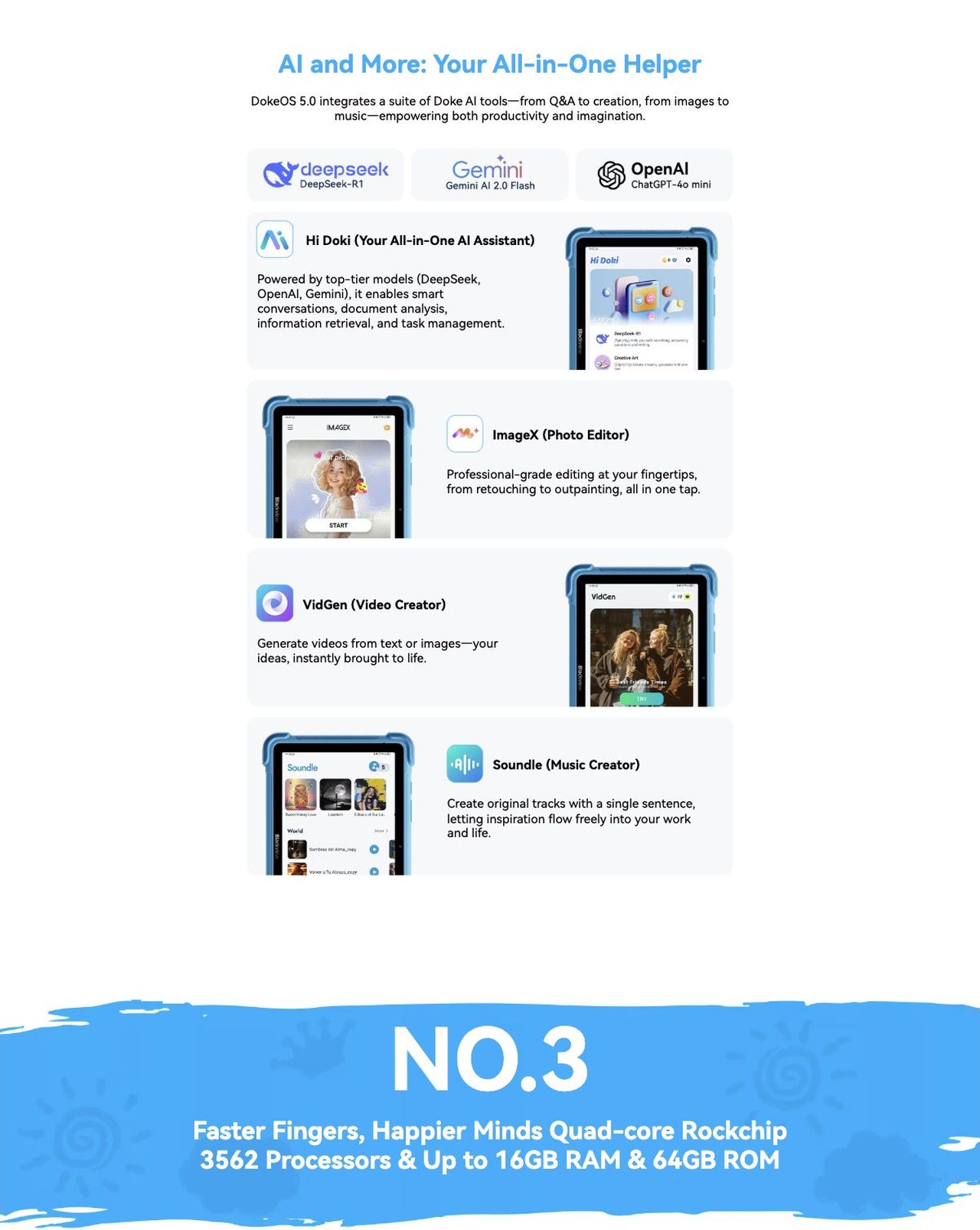NO.2
Learns What You Love, Grows with You Latest
DokeOS 5.0 Based on Android 16
Convenience Upgrade Personalization Upgrade Smoothness & Efficiency Upgrade Privacy & Security Up