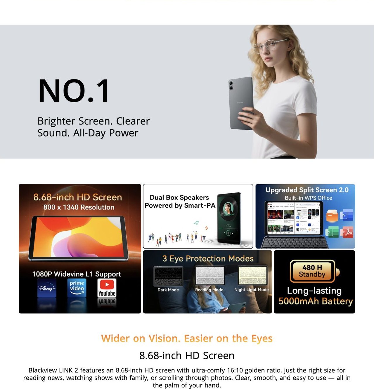 Blackview LINK 2 NO.1
Brighter Screen. Clearer
Sound. All-Day Power