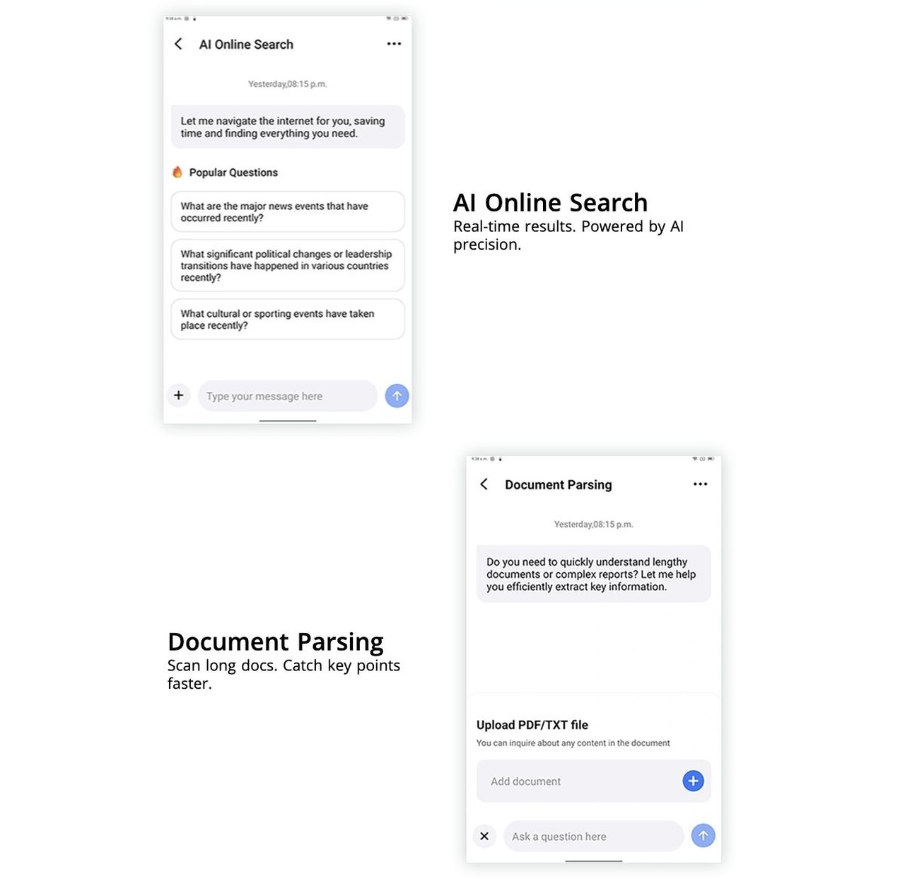 Next-Gen DeepSeek-R1
Search smarter. Write better. Know faster.
AI Online Search
Real-time results. Powered by AI precision.
Document Parsing
Scan long docs. Catch key points