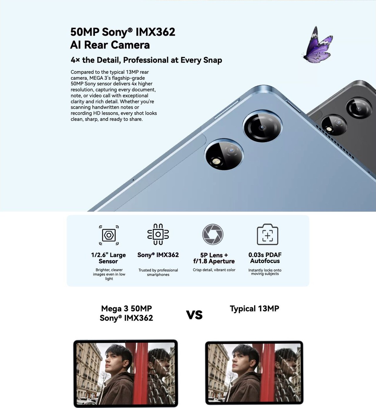 The Clearest 50MP SONY® AI Camera for Sharper Details and Greater Clarity
More Precise in Every Shot
No.4
50MP Sony® IMX362
AI Rear Camera
4× the Detail, Professional at Every Snap