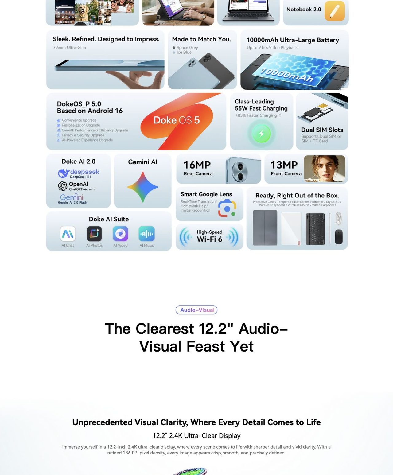 Best-in-Class Clarity. The Smartest Choice for Learning, Entertainment, and Work.
Audio-Visual
The Clearest 12.2" Audio- Visual Feast Yet
Unprecedented Visual Clarity, Where Every