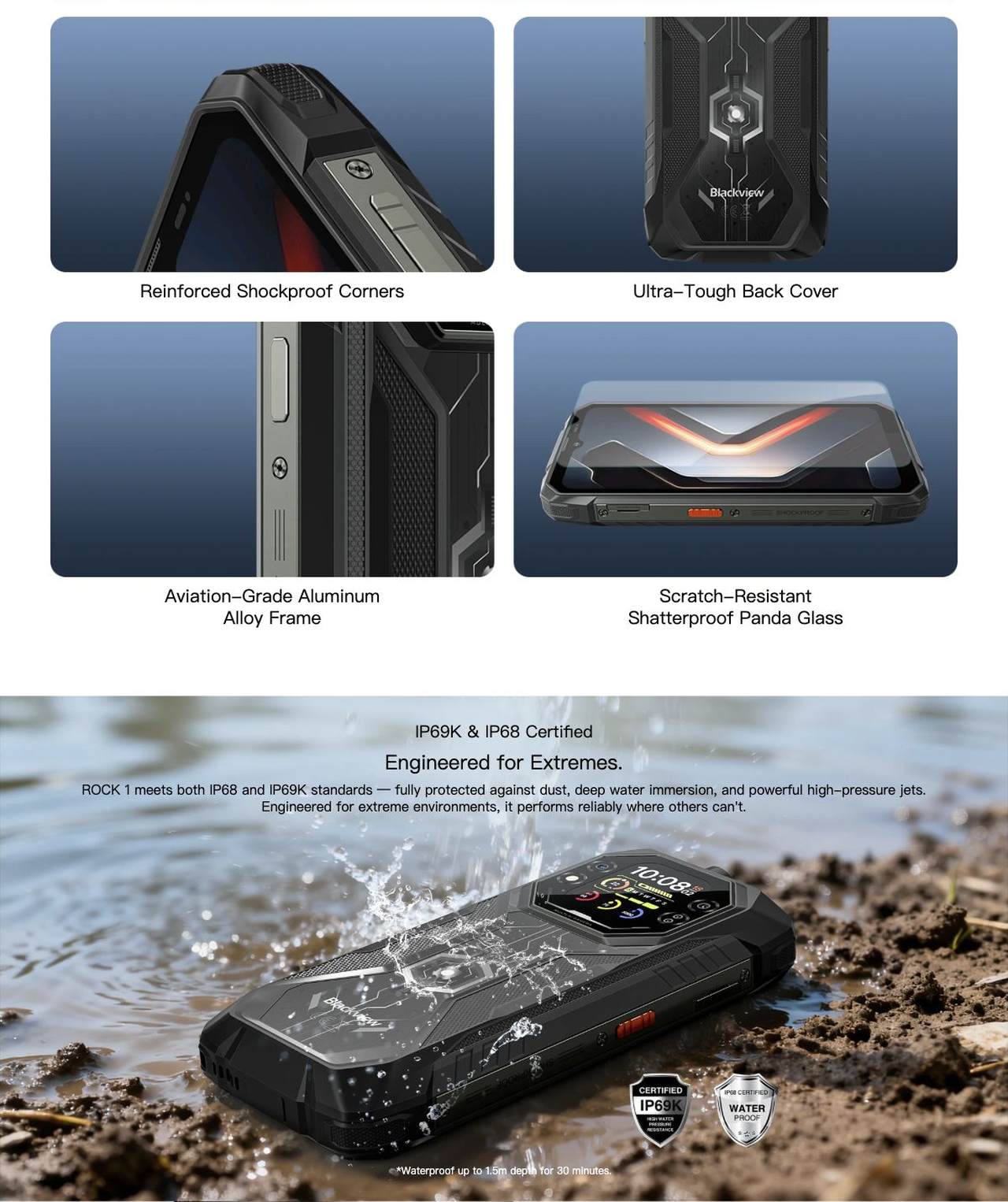 Proven through these extreme tests
Rain
Sand and Dust
Vibration
Shock
Humidity
Altitude
Acceleration
High Temperature
Low Temperature
Immersion
Reinforced Shockproof Cor