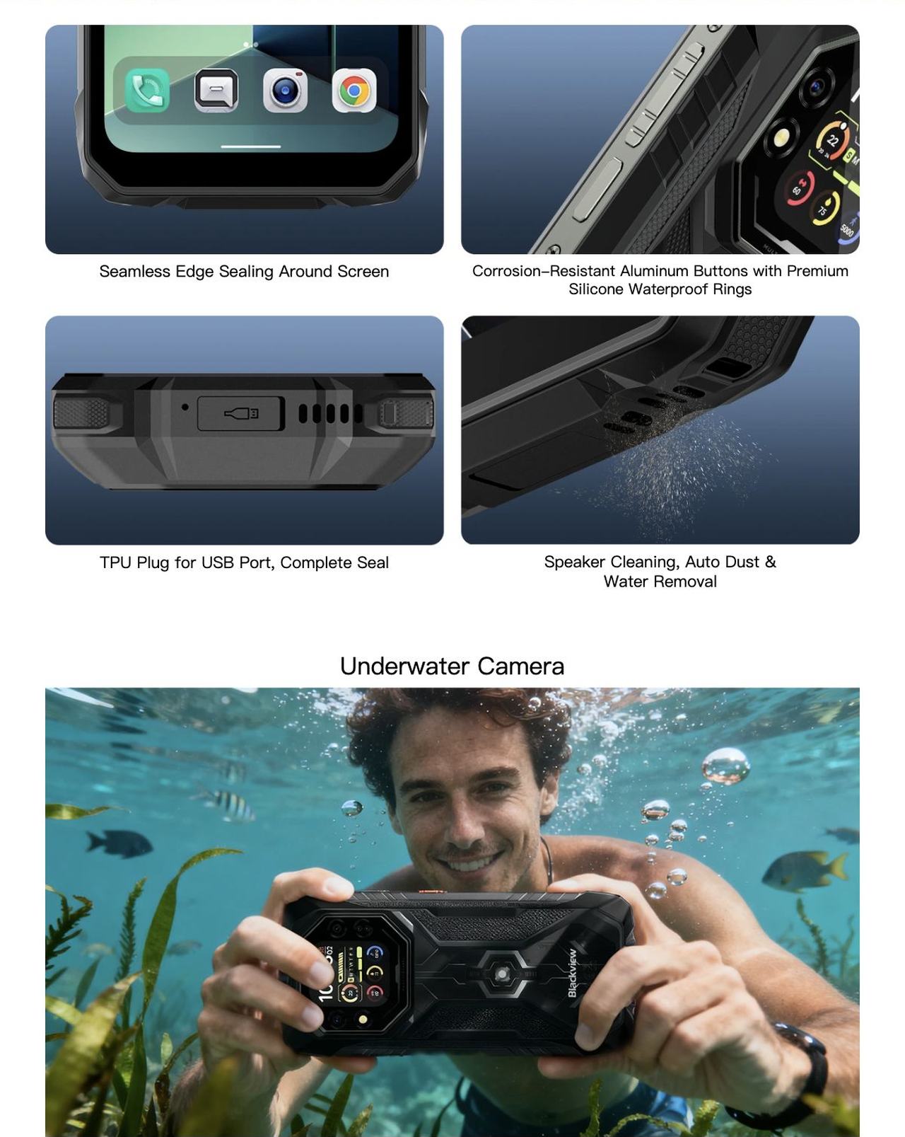 Blackview ROCK 1 Seamless Edge Sealing Around Screen
Corrosion-Resistant Aluminum Buttons with Premium Silicone Waterproof Rings
TPU Plug for USB Port, Complete Seal
Speaker Cleaning, Auto Dust