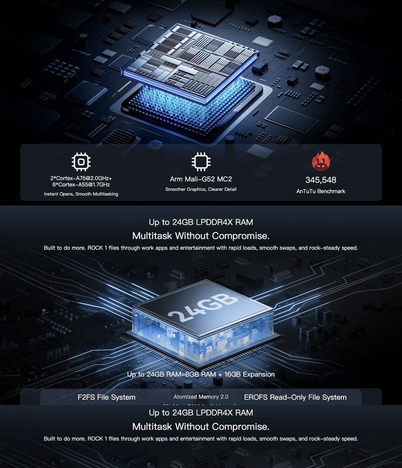 Blackview ROCK 1 Octa-core MediaTek Helio G81
Fast. Efficient. Reliable.
No lag—just go. With ROCK 1, seamlessly switch work apps, navigate off grid, and stream on the move—all day steady.
2*Cor