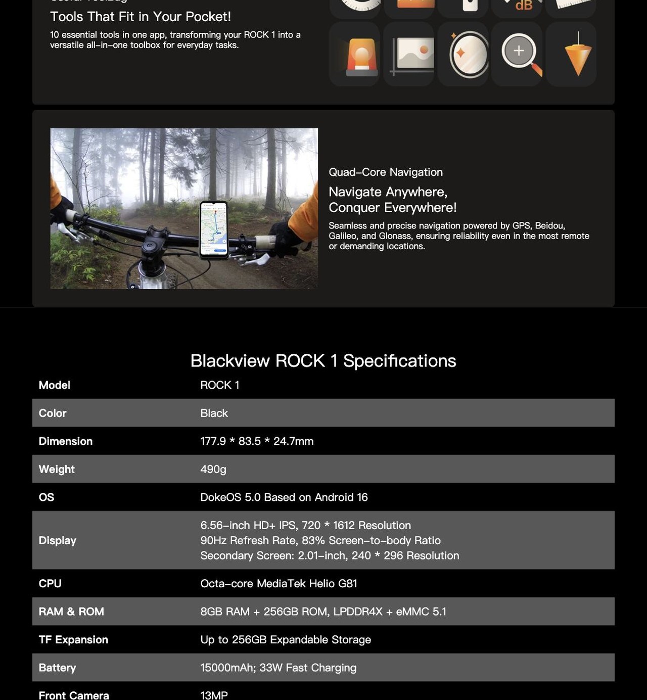 Blackview ROCK 1 Useful ToolBag
Tools That Fit in Your Pocket!
10 essential tools in one app, transforming your ROCK 1 into a versatile all-in-one toolbox for everyday tasks.
Quad-Core Navigatio