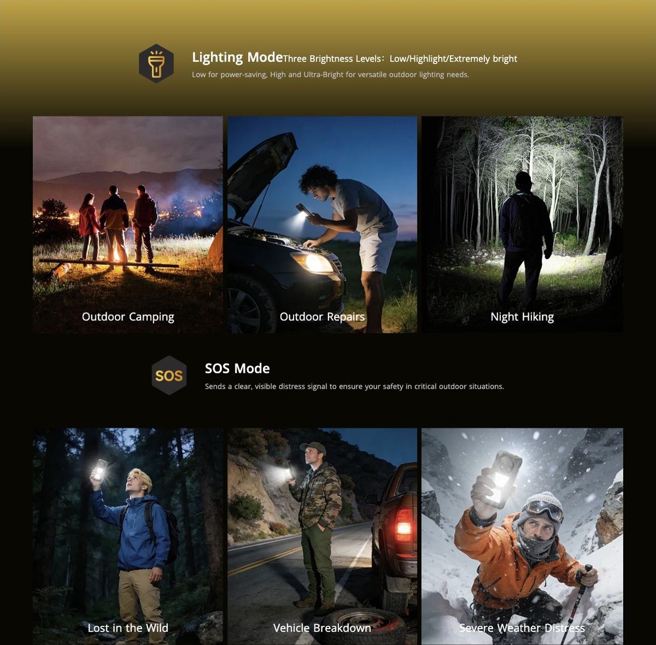 Blackview ROCK 2 Pro Lighting ModeThree Brightness Levels：Low/Highlight/Extremely bright



Low for power-saving, High and Ultra-Bright for versatile outdoor lighting needs.



Outdoor Camping



Outdoor Rep