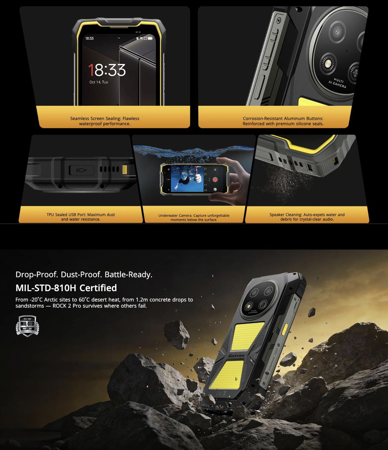 Blackview ROCK 2 Pro Dive. Spray. Soak. It just works.



IP69K & IP68 Certified



ROCK 2 Pro is engineered for the toughest conditions, delivering unmatched protection against water, dust, and high-press