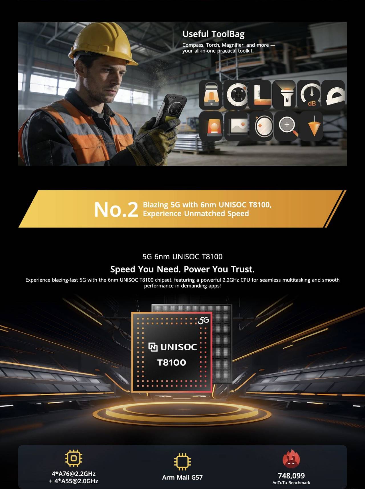 Blackview ROCK 2 Pro Glove Mode 2.0



Operate flawlessly —

even with thick gloves on.



Useful ToolBag



Compass, Torch, Magnifier, and more —

your all-in-one practical toolkit.