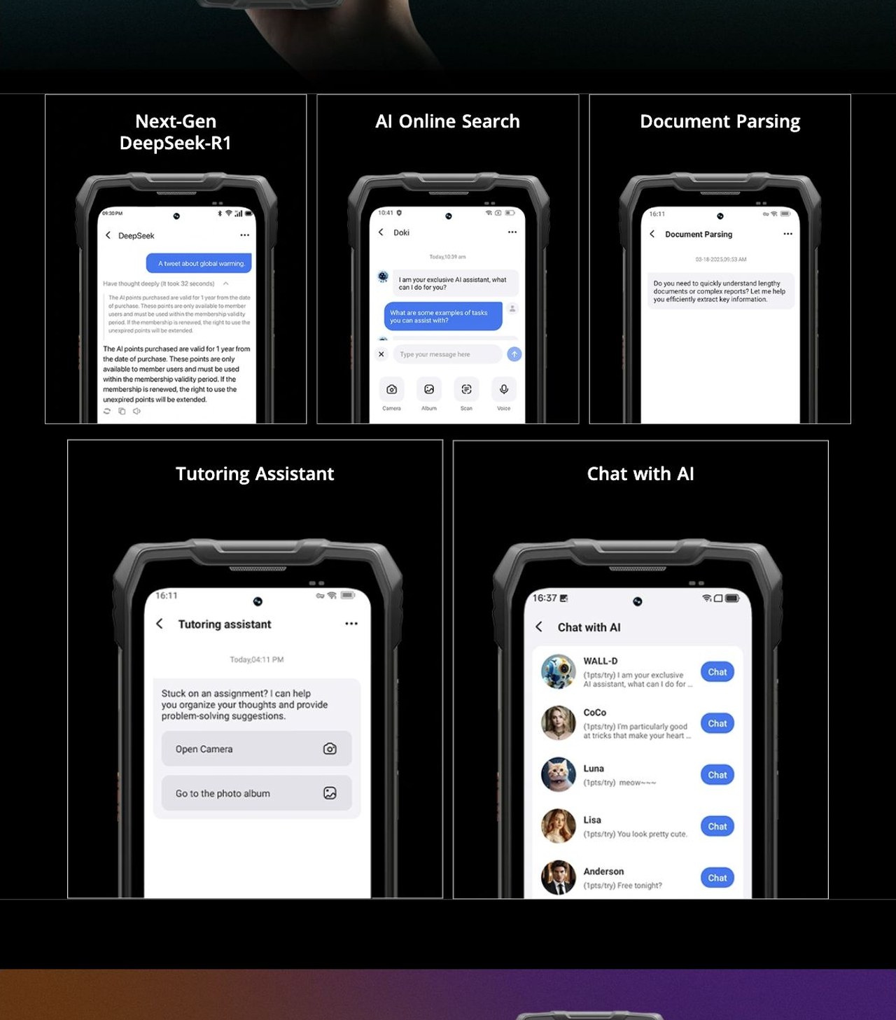 Blackview ROCK 2 Pro Next-Gen

DeepSeek-R1



AI Online Search



Document Parsing



Tutoring Assistant



Chat with AI