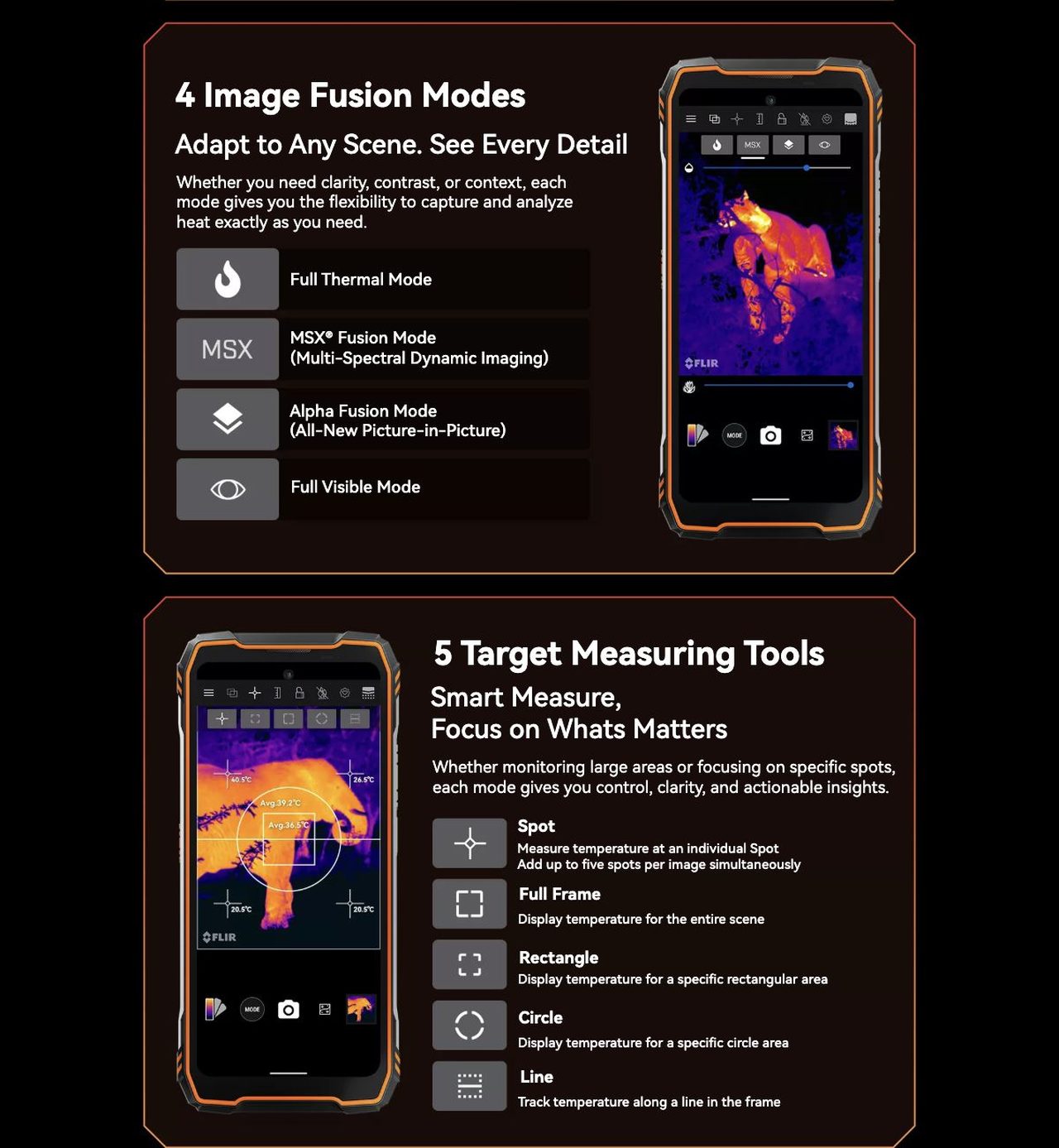 Flexible, Faster, Smarter for Every Scene
9 Color Palettes | 4 Image Fusion Modes | 5 Target Measuring Tools | Video Recording Support
9 Color Palettes
Highlight Heat the Way You S