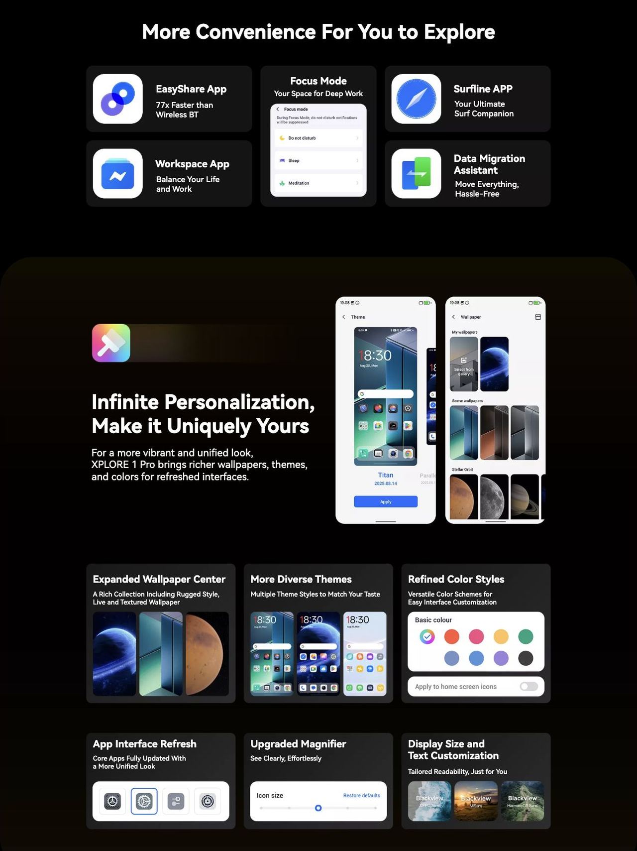 Blackview XPLORE 1 Pro Industry’s Only Self-Developed DokeOS 5.0
Based on Android 15
Customization↑ Convenience↑ Fluency↑Privacy↑
Simply the Smartest
Blackview’s Next-Gen DokeOS 5.0
Fully Upgraded, Hardc