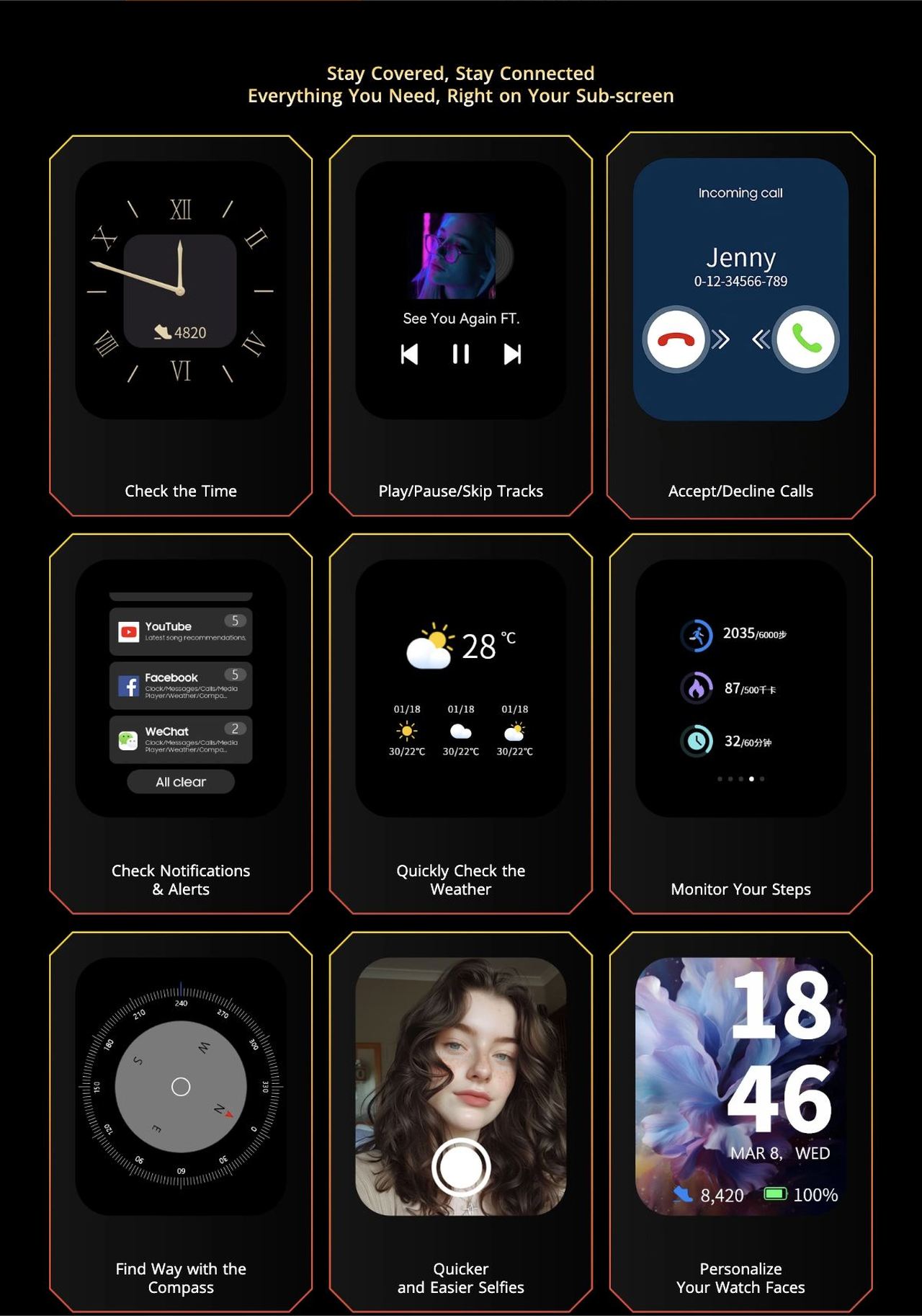 Multi-functional 2.01-inch Sub-screen
All You Need, At a Glance
With a secondary screen on the rear of XPLORE 1, you can acquire key information and notifications without having