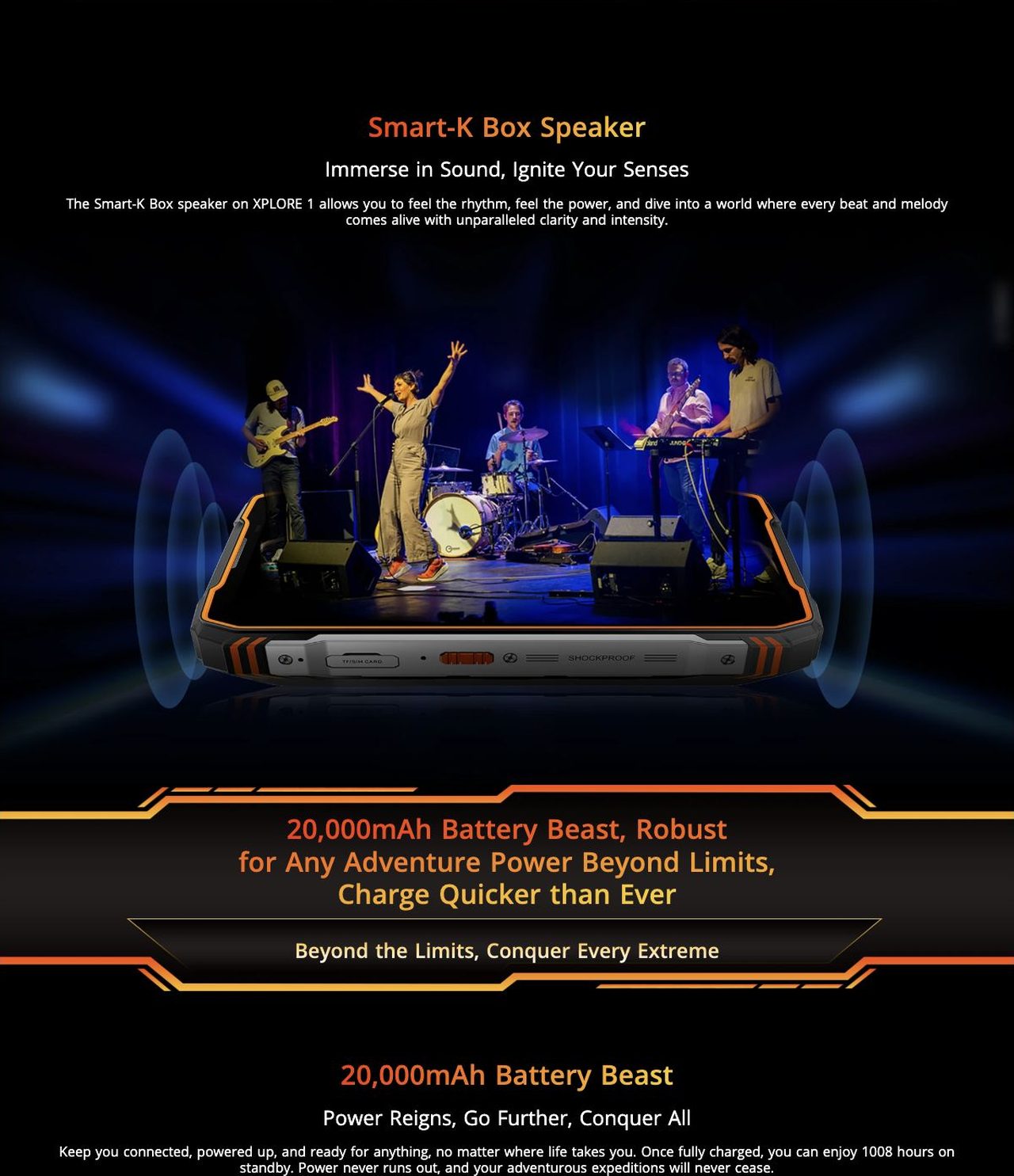 Blackview XPLORE 1 Smart-K Box Speaker
Immerse in Sound, Ignite Your Senses
The Smart-K Box speaker on XPLORE 1 allows you to feel the rhythm, feel the power, and dive into a world where every beat