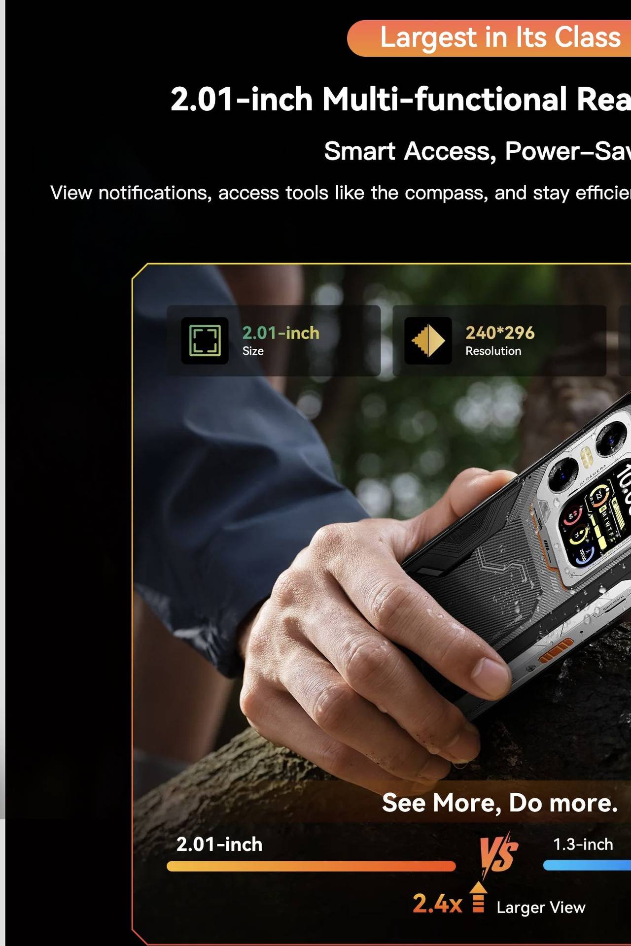 Blackview XPLORE X1 Largest in Its Class
2.01-inch Multi-functional Rear Sub-Screen
Smart Access, Power-Saving
View notifications, access tools like the compass, and stay efficient — all instantly, wi