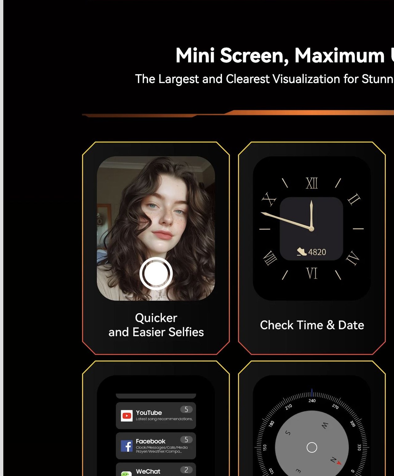 Largest in Its Class
2.01-inch Multi-functional Rear Sub-Screen
Smart Access, Power-Saving
View notifications, access tools like the compass, and stay efficient — all instantly, wi