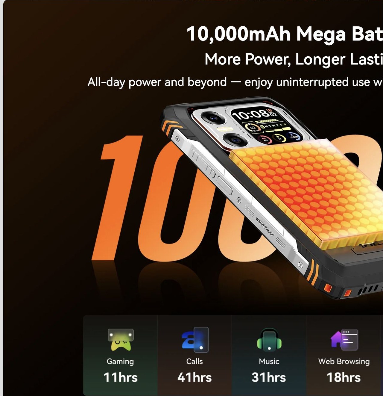 10,000mAh Mega Battery
More Power, Longer Lasting
All-day power and beyond — enjoy uninterrupted use without frequent recharges.
*Data tested by Blackview Lab. Actual use may vary